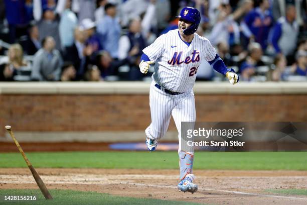 Pete Alonso of the New York Mets reacts after hitting a three-run home run during the fourth inning against the Miami Marlins at Citi Field on...