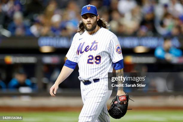 Trevor Williams of the New York Mets reacts after pitching during the fourth inning against the Miami Marlins at Citi Field on September 27, 2022 in...
