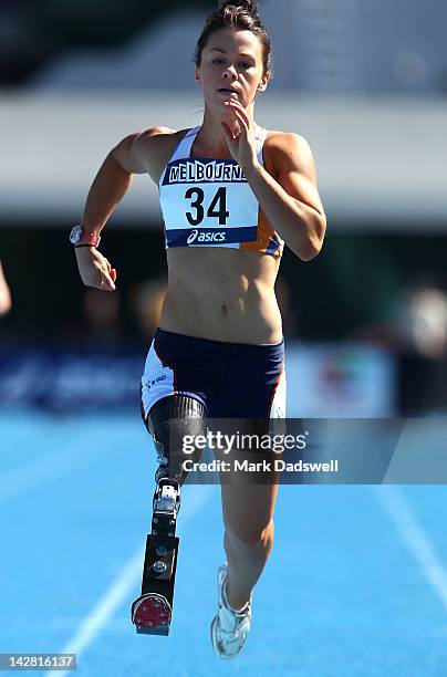 Kelly Cartwright of the VIS competes in the Womens 100 Metres Ambulant Preliminaries during day one of the Australian Athletics Championships at...