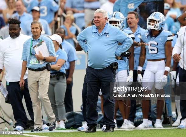 Head coach Mack Brown of the University North Carolina reacts after his team was called for a penalty while defending a fourth and goal attempt...
