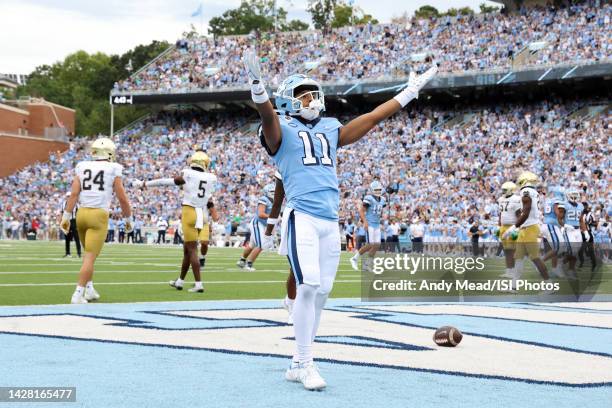 Josh Downs of the University North Carolina celebrates his touchdown during a game between Notre Dame and North Carolina at Kenan Memorial Stadium on...