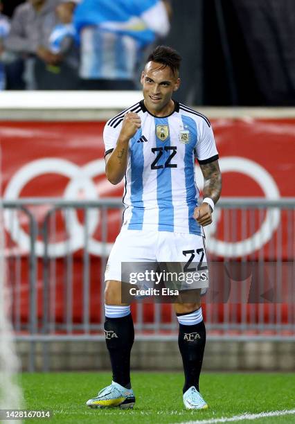 Lautaro Martinez of Argentina celebrates after teammate Julian Alvarez scored a goal in the first half against Jamaica at Red Bull Arena on September...