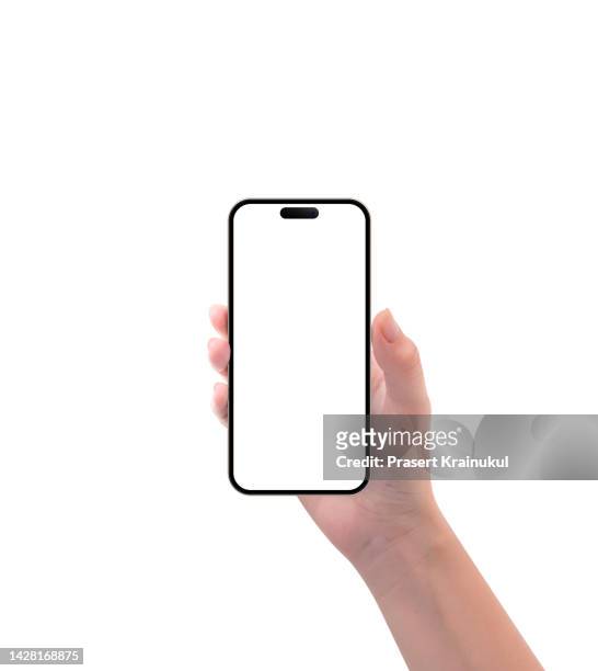hand holding blank white screen smartphone. clipping path - fake hand stock pictures, royalty-free photos & images