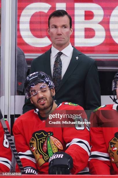 Head coach Luke Richardson of the Chicago Blackhawks looks on against the St. Louis Blues during the first period of a preseason at United Center on...