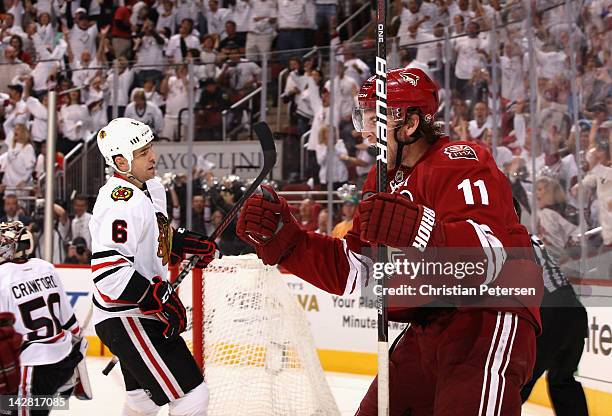 Martin Hanzal of the Phoenix Coyotes celebrates after scoring the game winning goal in overtime of Game One of the Western Conference Quarterfinals...