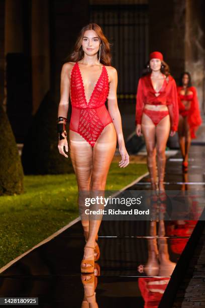 Model walks the runway during the Etam Womenswear Spring/Summer 2023 show at National Archives Museum as part of Paris Fashion Week on September 27,...