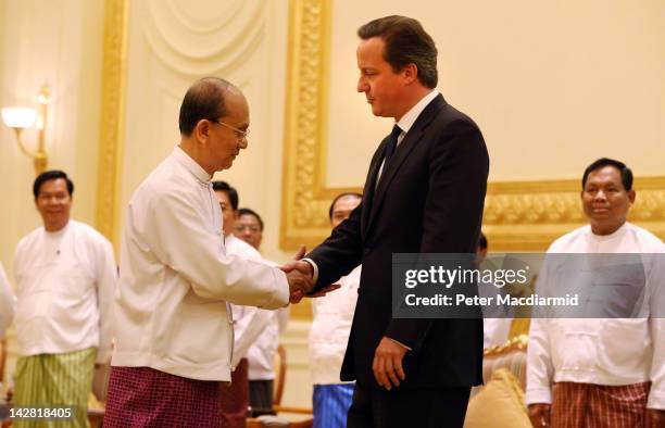 Prime Minister David Cameron meets with President Thein Sein on April 13, 2012 in Naypyidaw, Myanmar. Mr Cameron is ending his five day trade mission...