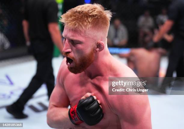 Bo Nickal reacts after his submission victory over Donovan Beard in a middleweight fight during Dana White's Contender Series season six, week ten at...