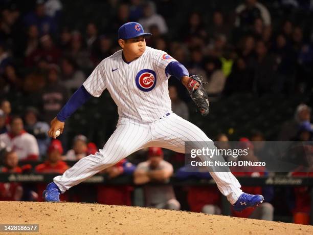 Manuel Rodriguez of the Chicago Cubs throws a pitch during the ninth inning of a game against the Philadelphia Phillies at Wrigley Field on September...