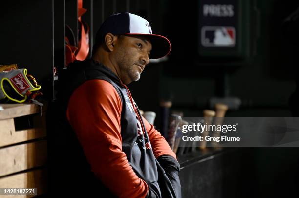 Manager Dave Martinez of the Washington Nationals watches the game from the dugout in the sixth inning against the Atlanta Braves at Nationals Park...