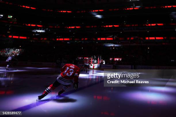 Max Domi of the Chicago Blackhawks takes the ice prior to a preseason game against the St. Louis Blues at United Center on September 27, 2022 in...
