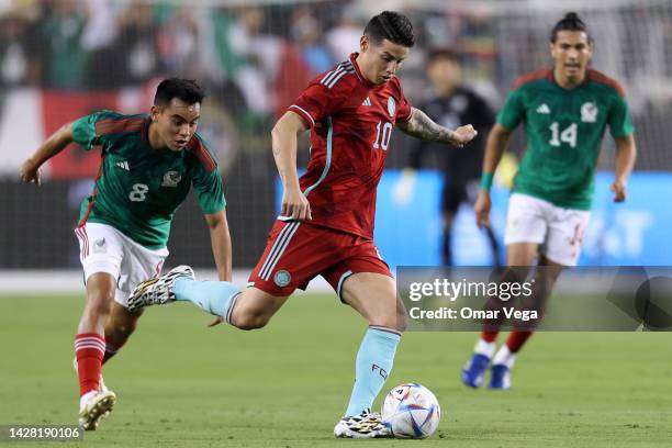 James Rodríguez of Colombia drives the ball during the friendly match between Mexico and Colombia at Levi's Stadium on September 27, 2022 in Santa...