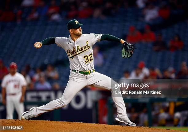 James Kaprielian of the Oakland Athletics throws against the Los Angeles Angels in the first inning at Angel Stadium of Anaheim on September 27, 2022...