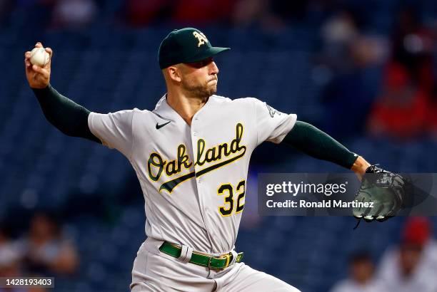 James Kaprielian of the Oakland Athletics throws against the Los Angeles Angels in the first inning at Angel Stadium of Anaheim on September 27, 2022...