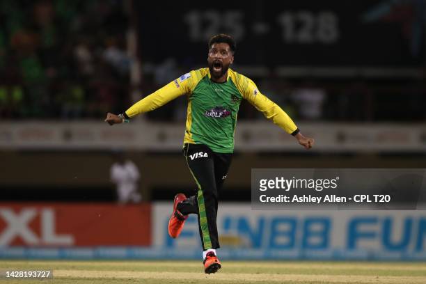 Mohammad Amir of Jamaica Tallawahs celebrates getting the final wicket and winning the Men's 2022 Hero Caribbean Premier League 3rd v 4th Eliminator...