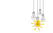Idea concept with one line bulbs. Innovation idea. Process of untangling wire to supply electricity to bulb. Creative idea banner with lamps. Sign of creativity. Vector illustration editable stroke
