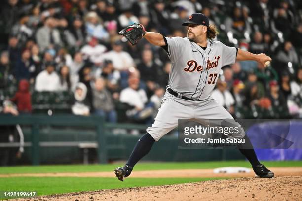 Andrew Chafin of the Detroit Tigers pitches against the Chicago White Sox at Guaranteed Rate Field on September 23, 2022 in Chicago, Illinois.