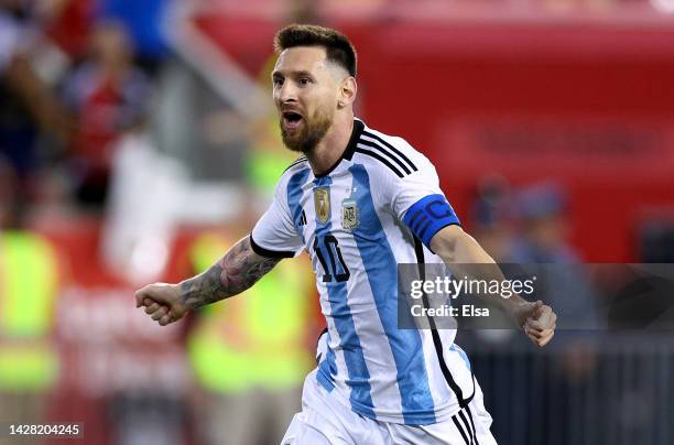 Lionel Messi of Argentina celebrates his goal in the second half against Jamaica at Red Bull Arena on September 27, 2022 in Harrison, New Jersey....