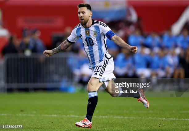 Lionel Messi of Argentina celebrates his goal in the second half against Jamaica at Red Bull Arena on September 27, 2022 in Harrison, New Jersey....
