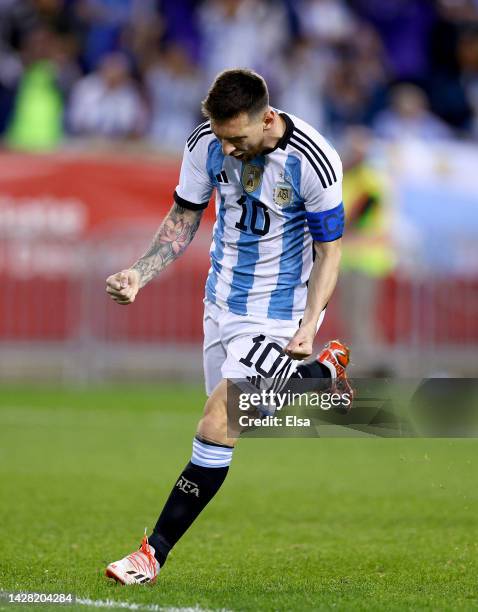 Lionel Messi of Argentina celebrates his goal in the second half against Jamaica at Red Bull Arena on September 27, 2022 in Harrison, New Jersey....