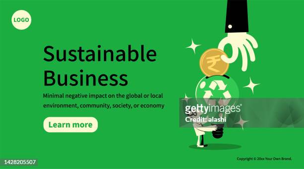 in the concept of sustainable business, growing clean eco earth fund, and environmental protection, a big hand gives money to a businessman's big idea light bulb with a recycling symbol. - event sponsor stock illustrations