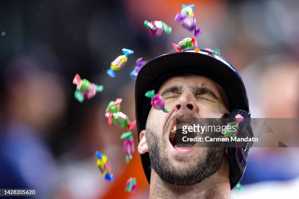 David Hensley of the Houston Astros reacts after hitting his first career home run, a two run home run during the sixth inning against the Arizona...