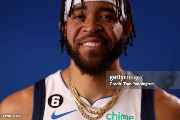 JaVale McGee of the Dallas Mavericks poses for a portrait during the Dallas Mavericks Media Day at American Airlines Center on September 26, 2022 in...