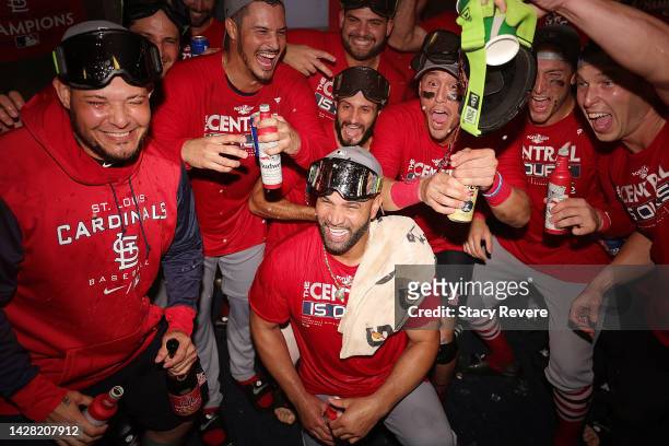 The St. Louis Cardinals celebrate clinching the National League Central Division after defeating the Milwaukee Brewers at American Family Field on...