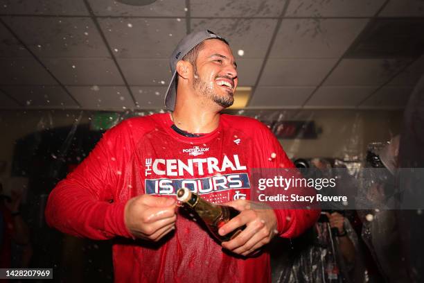 Nolan Arenado of the St. Louis Cardinals celebrates clinching the National League Central Division after defeating the Milwaukee Brewers at American...