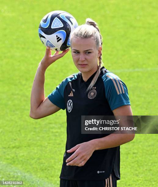 Germany's Merle Frohms attends the training session of the German women national soccer team during the training camp in Herzogenaurach, southern...