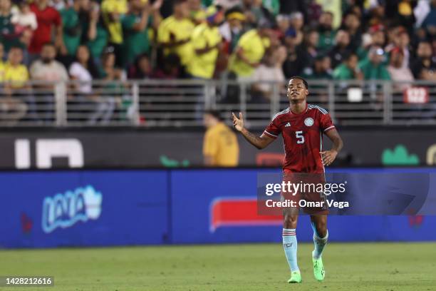 Wílmar Barrios of Colombia celebrates after scoring the third goal of his team during the friendly match between Mexico and Colombia at Levi's...