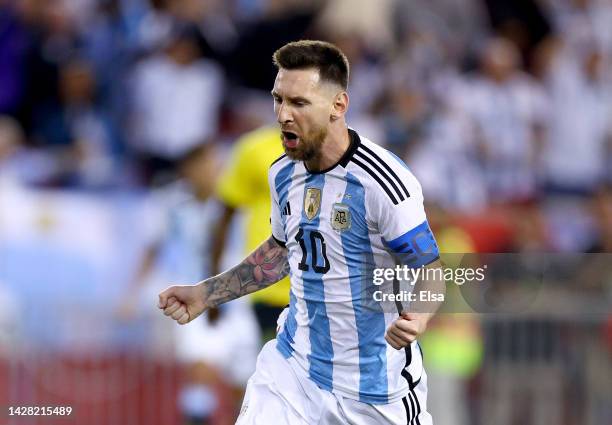 Lionel Messi of Argentina celebrates his goal in the second half against Jamaica at Red Bull Arena on September 27, 2022 in Harrison, New Jersey....