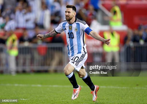 Lionel Messi of Argentina celebrates his goal in the second half against Jamaica at Red Bull Arena on September 27, 2022 in Harrison, New Jersey....