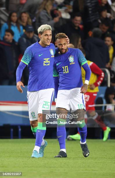 Pedro Guilherme Abreu dos Santos of Brazil celebrates his goal with Neymar Jr during the international friendly football match between Brazil and...