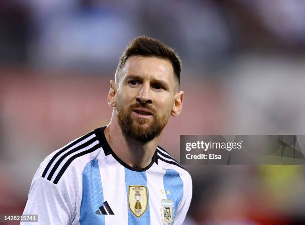 Lionel Messi of Argentina reacts in the second half against Jamaica at Red Bull Arena on September 27, 2022 in Harrison, New Jersey. Argentina...