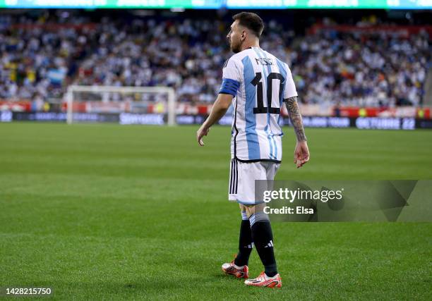 Lionel Messi of Argentina reacts in the second half against Jamaica at Red Bull Arena on September 27, 2022 in Harrison, New Jersey. Argentina...