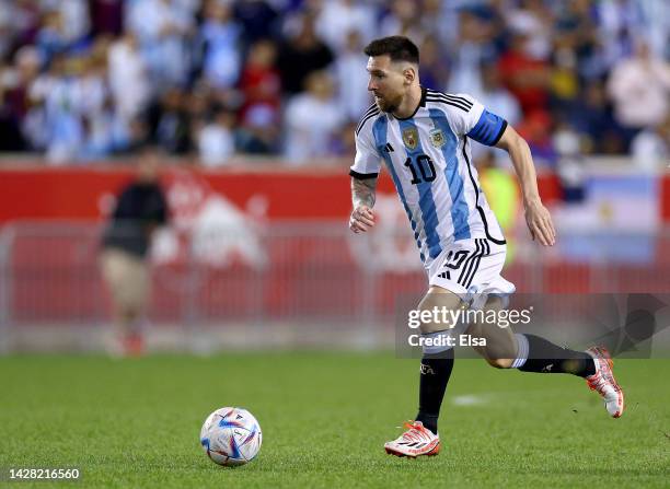 Lionel Messi of Argentina controls the ball in the second half against Jamaica at Red Bull Arena on September 27, 2022 in Harrison, New Jersey....