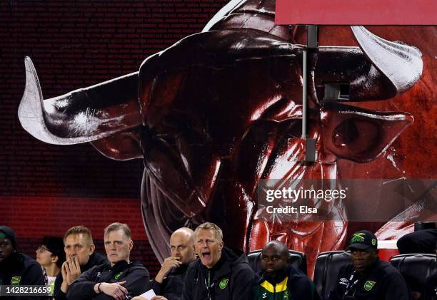 Head coach Heimir Hallgrímsson of Jamaica reacts from the bench in the first half against Argentina at Red Bull Arena on September 27, 2022 in...