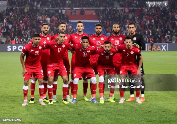 Team Tunisia poses before the international friendly football match between Brazil and Tunisia at Parc des Princes stadium on September 27, 2022 in...