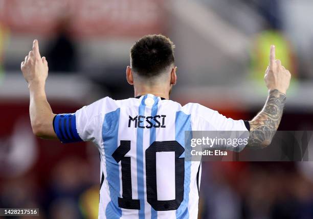 Lionel Messi of Argentina celebrates his goal in the second half against Jamaica at Red Bull Arena on September 27, 2022 in Harrison, New Jersey....