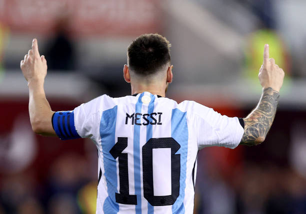 Lionel Messi of Argentina celebrates his goal in the second half against Jamaica at Red Bull Arena on September 27, 2022 in Harrison, New Jersey....