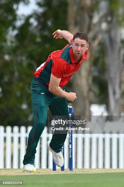 Tom Rogers of Tasmania bowls during the Marsh One Day Cup match between South Australia and Tasmania at Allan Border Field, on September 28 in...