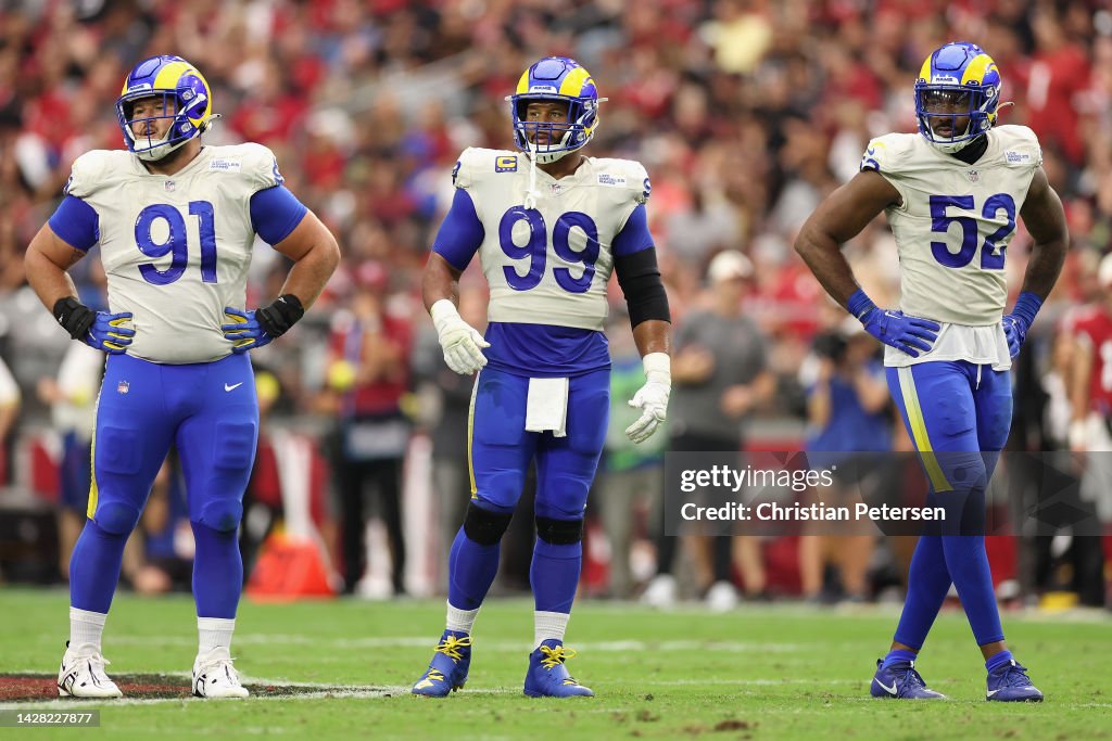 Lewis Rams Player Greg Gaines, Aaron Donald and Terrell Lewis of the Los Angeles Rams ...