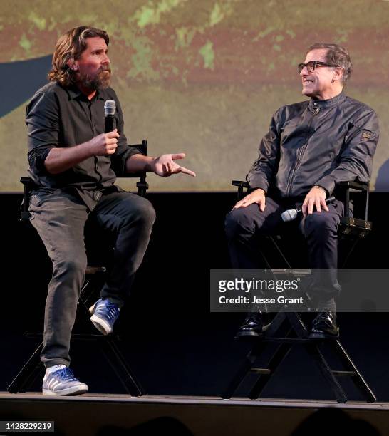 Christian Bale and David O. Russel speak onstage at the Amsterdam Los Angeles Special Screening at El Capitan Theatre in Hollywood, California on...