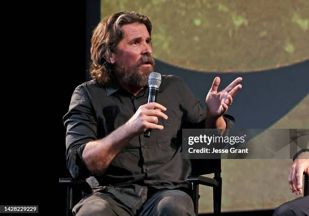 Christian Bale speaks onstage at the Amsterdam Los Angeles Special Screening at El Capitan Theatre in Hollywood, California on September 27, 2022.