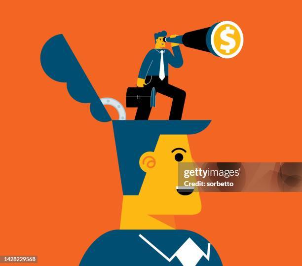 stockillustraties, clipart, cartoons en iconen met telescope - businessman - unemployed marketing professional searches for a job