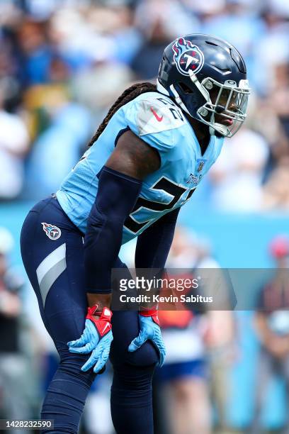 Derrick Henry of the Tennessee Titans lines up before a play during an NFL football game against the Las Vegas Raiders at Nissan Stadium on September...