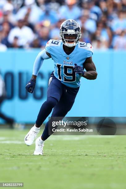 Josh Gordon of the Tennessee Titans runs downfield during an NFL football game against the Las Vegas Raiders at Nissan Stadium on September 25, 2022...