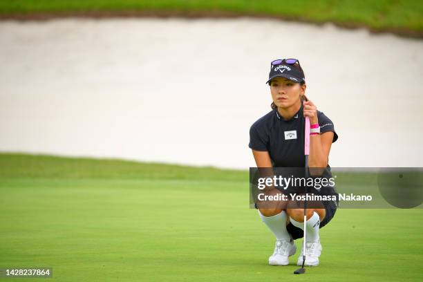 Hikari Fujita of Japan lines up a putt on the 18th green during the second round of the Sky Ladies ABC Cup at ABC Golf Club on September 28, 2022 in...