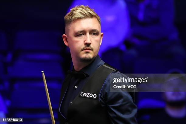Kyren Wilson of England reacts in the first round match against Barry Hawkins of England on day one of the 2022 Cazoo British Open at Marshall Arena...